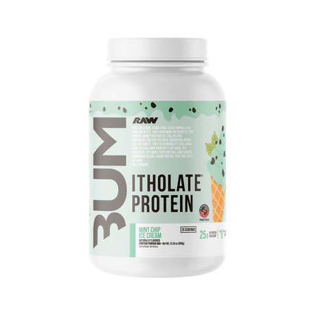 Raw BUM Itholate Grass-Fed Whey Protein isolate container Mint Chip Ice Cream Flavor on a white background