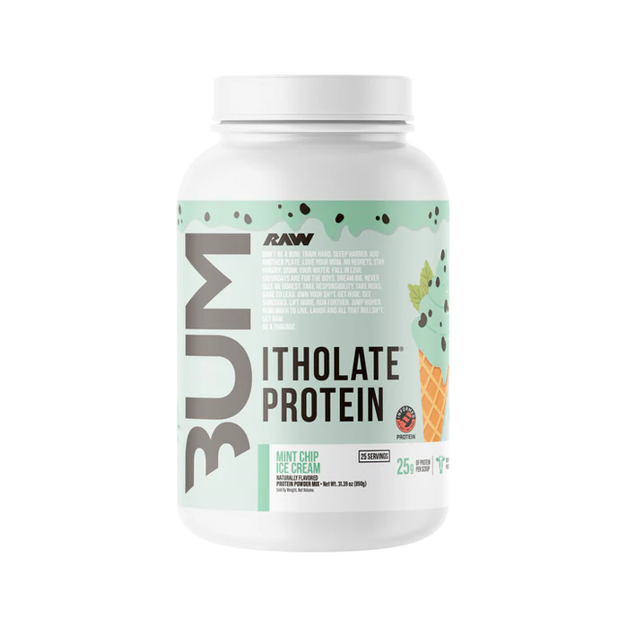 Raw BUM Itholate Grass-Fed Whey Protein isolate container Mint Chip Ice Cream Flavor on a white background
