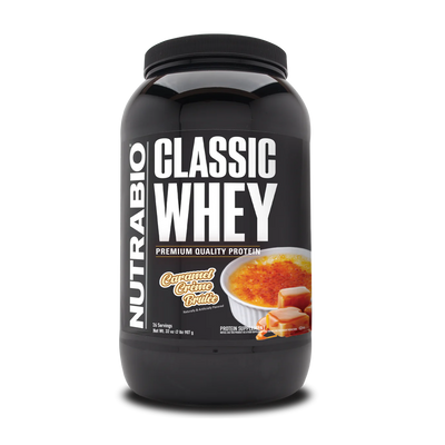 NutraBio Classic Whey protein powder container with caramel crème brèle flavor on a white background