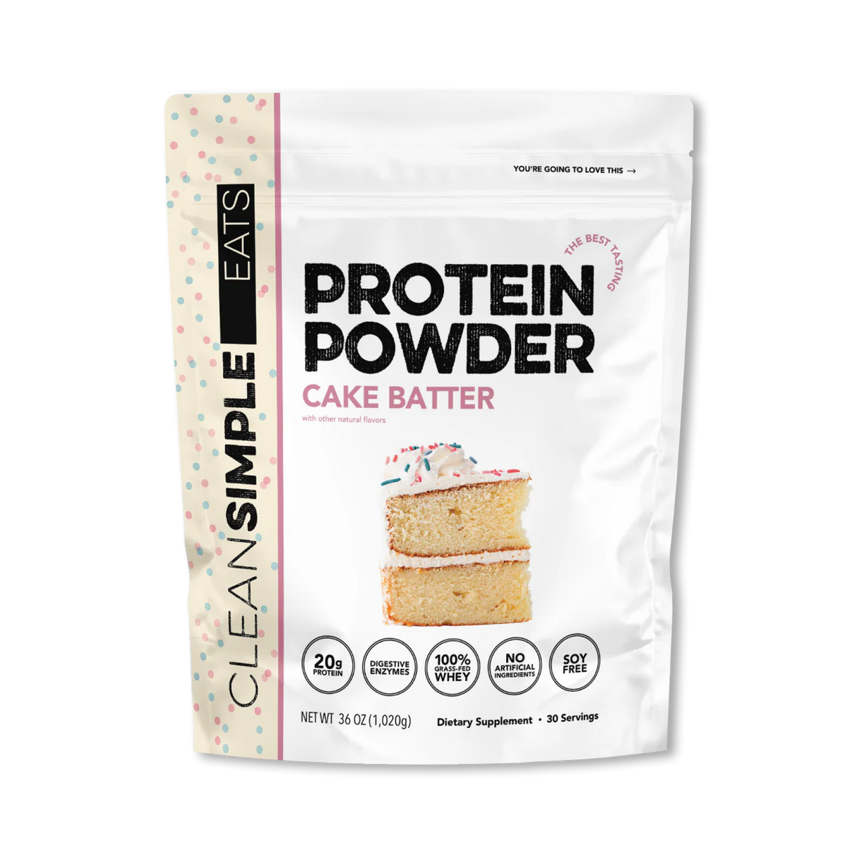 A package of Clean Simple Eats grass-fed whey Protein isolate Powder in Cake Batter flavor.