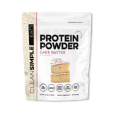 A package of Clean Simple Eats grass-fed whey Protein isolate Powder in Cake Batter flavor.