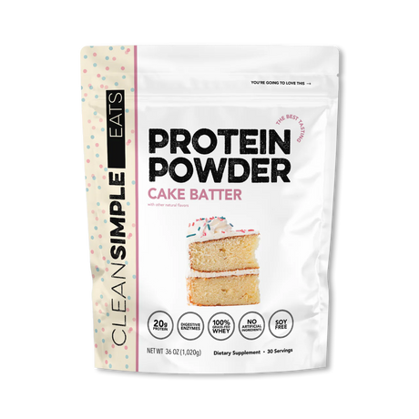 A package of Clean Simple Eats grass-fed whey Protein isolate Powder in Cake Batter flavor.