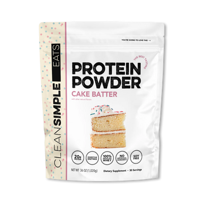 A package of Clean Simple Eats grass-fed whey Protein isolate Powder in Cake Batter flavor.