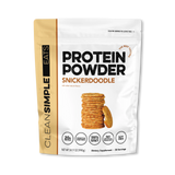 A package of Clean Simple Eats Grass Fed Whey Protein Isolate Powder in Snickerdoodle flavor.