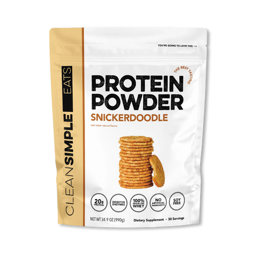 A package of Clean Simple Eats Grass Fed Whey Protein Isolate Powder in Snickerdoodle flavor.