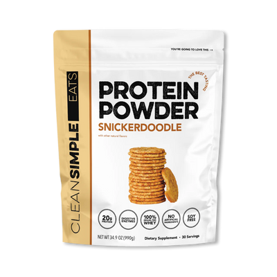 A package of Clean Simple Eats Grass Fed Whey Protein Isolate Powder in Snickerdoodle flavor.