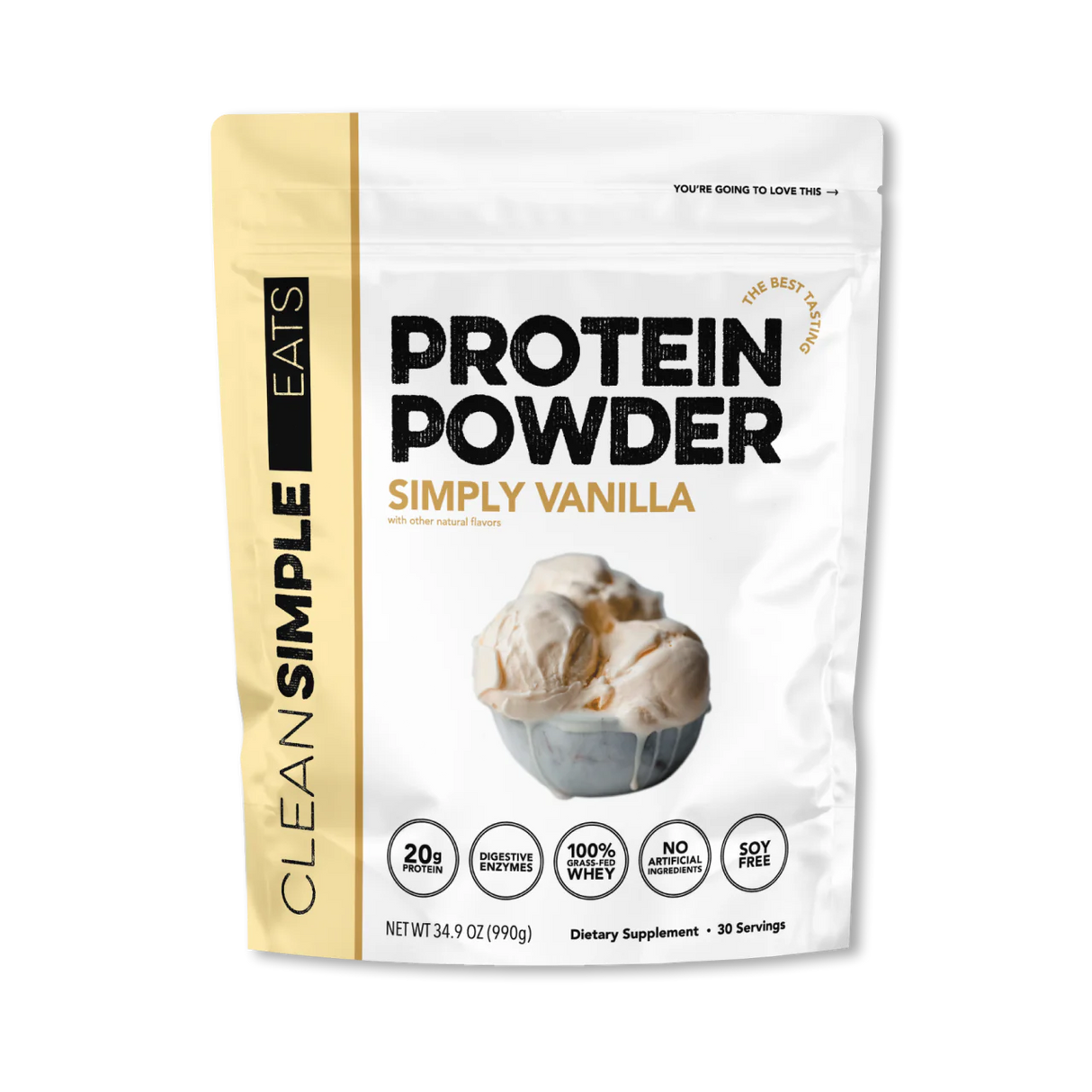 A package of Clean Simple Eats Whey Protein Isolate Powder in Simply Vanilla flavor.