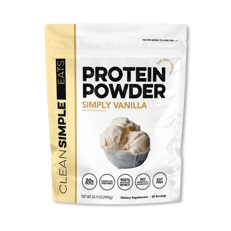 A package of Clean Simple Eats Whey Protein Isolate Powder in Simply Vanilla flavor.