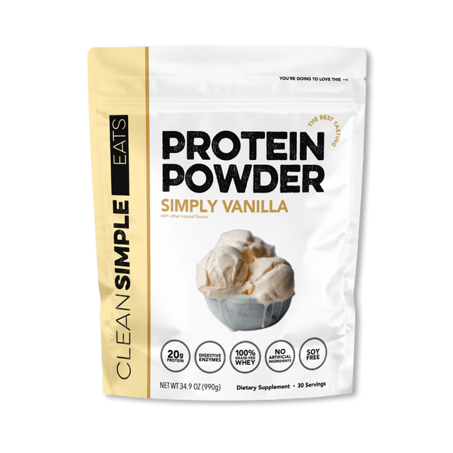 A package of Clean Simple Eats Whey Protein Isolate Powder in Simply Vanilla flavor.