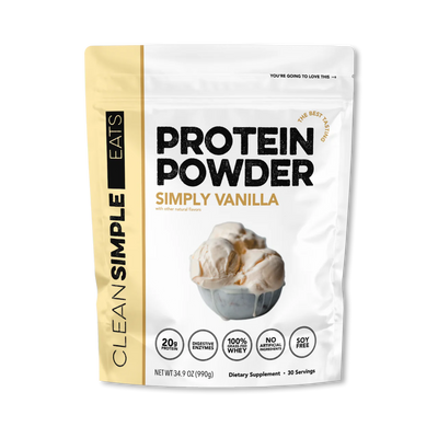 A package of Clean Simple Eats Whey Protein Isolate Powder in Simply Vanilla flavor.