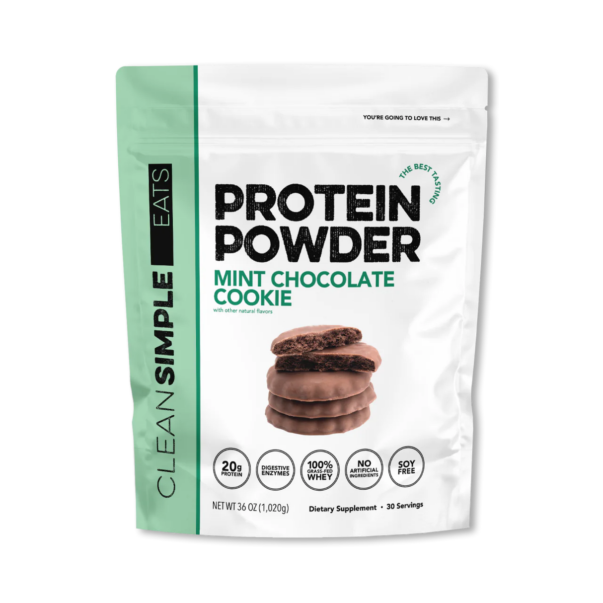 A package of Clean Simple Eats Protein Powder in Mint Chocolate Cookie flavor.