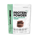 A package of Clean Simple Eats Protein Powder in Mint Chocolate Cookie flavor.