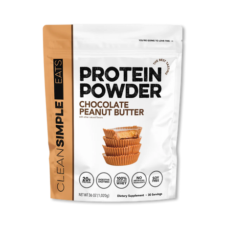 A package of Clean Simple Eats Protein Powder in Chocolate Peanut Butter flavor.