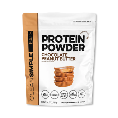 A package of Clean Simple Eats Protein Powder in Chocolate Peanut Butter flavor.