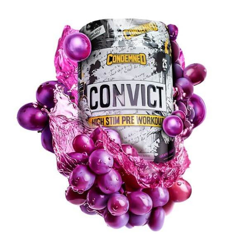 Condemned Convict High Stim Pre Workout supplement Grape Flavor surrounded by purple grapes on a white background