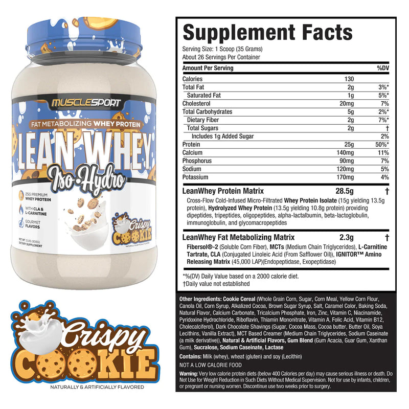 MuscleSport Lean Whey Crispy Cookie Whey Protein Isolate Supplement Facts