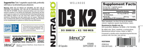 NutraBio Vitamin D3 K2 Mena-Q7 - 5000 IU D3
