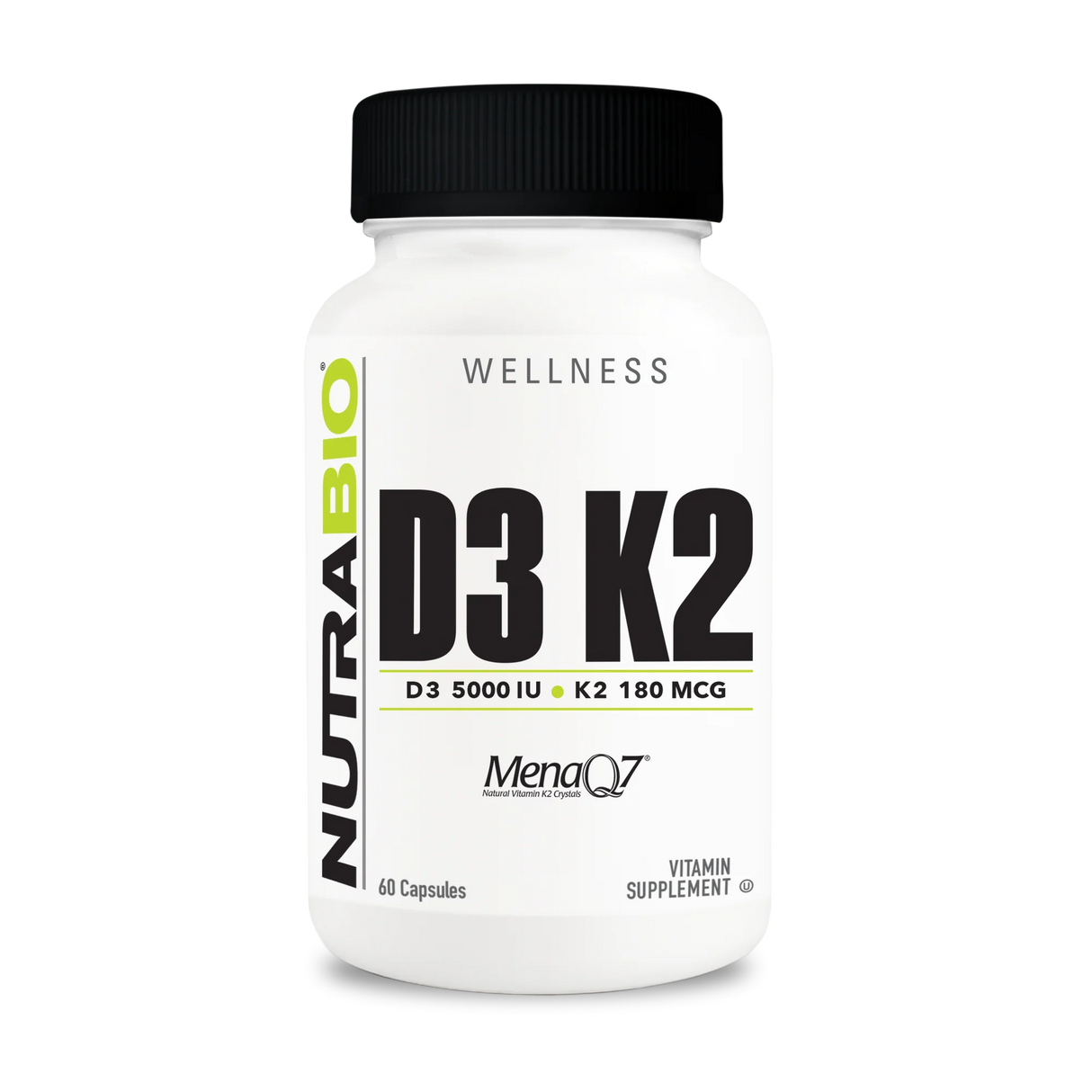 NutraBio Vitamin D3 K2 | 5000 IU D3 as Cholecalciferol with Vitamin K2 as MENA-Q MK7 (180mcg) | Support Bone and Heart Health | Non-GMO, Gluten Free, Lactose Free | 60 Vegetable Capsules