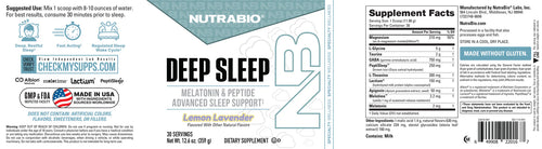 NutraBio Deep Sleep supplement facts label showing magnesium, glycine, GABA, melatonin