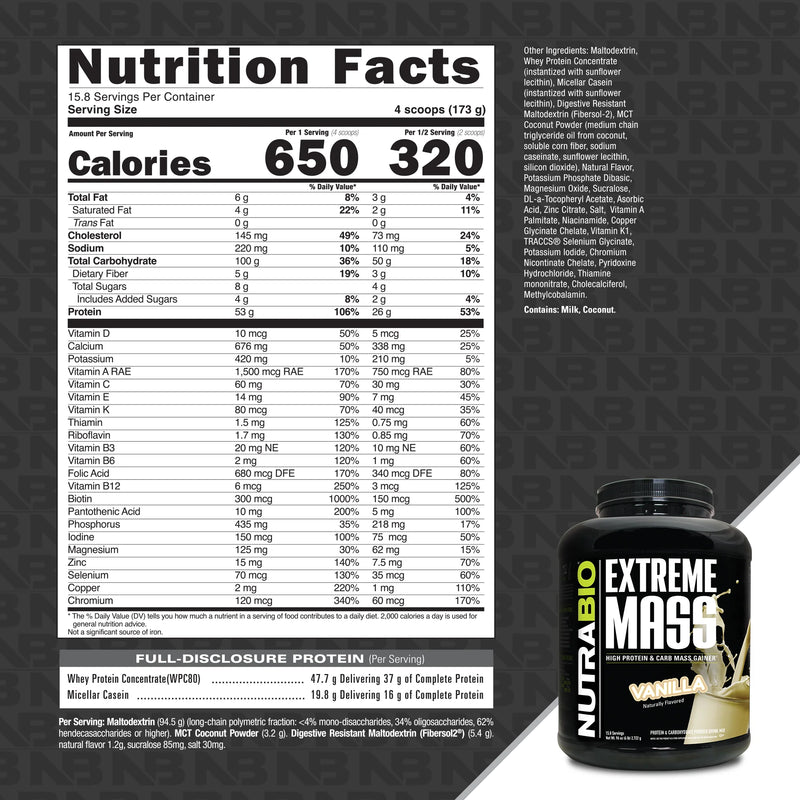 NutraBio Extreme Mass Gainer Protein Powder, 53G Protein, Clean Weight Gainer, Increase Muscle Mass