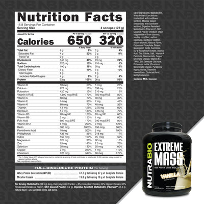 NutraBio Extreme Mass Gainer Protein Powder, 53G Protein, Clean Weight Gainer, Increase Muscle Mass
