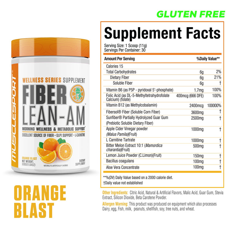 MuscleSport Fiber Lean-AM Fiber Supplement, Orange Blast, 30 Servings Supplement Facts label