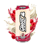 Ghost Energy Drink can with raspberry cream flavor surrounded by raspberries and cream.