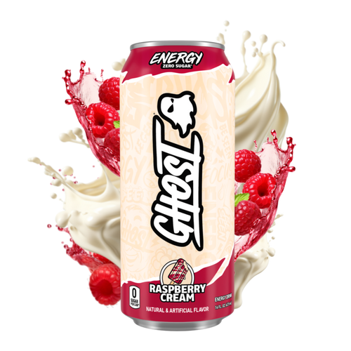 Ghost Energy Drink can with raspberry cream flavor surrounded by raspberries and cream.