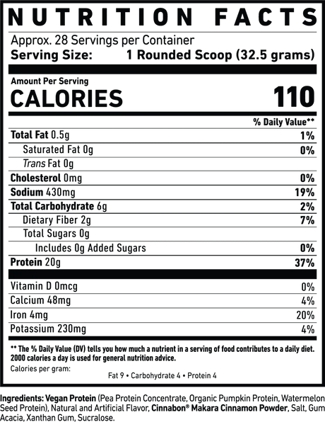 Nutrition facts label for Ghost Vegan protein powder Pancake Batter with serving size and calories listed.