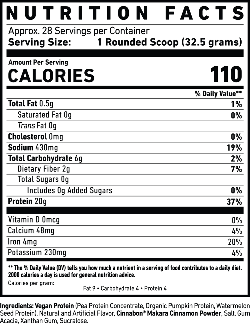 Nutrition facts label for Ghost Vegan protein powder Pancake Batter with serving size and calories listed.
