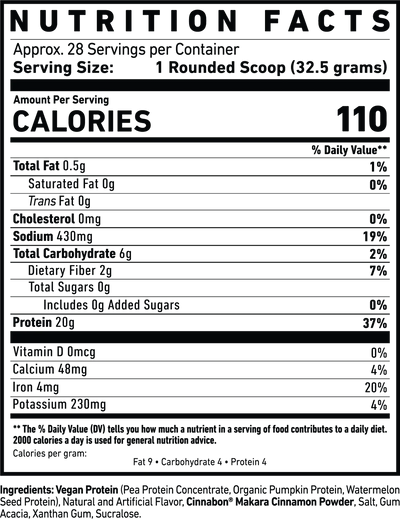 Nutrition facts label for Ghost Vegan protein powder Pancake Batter with serving size and calories listed.