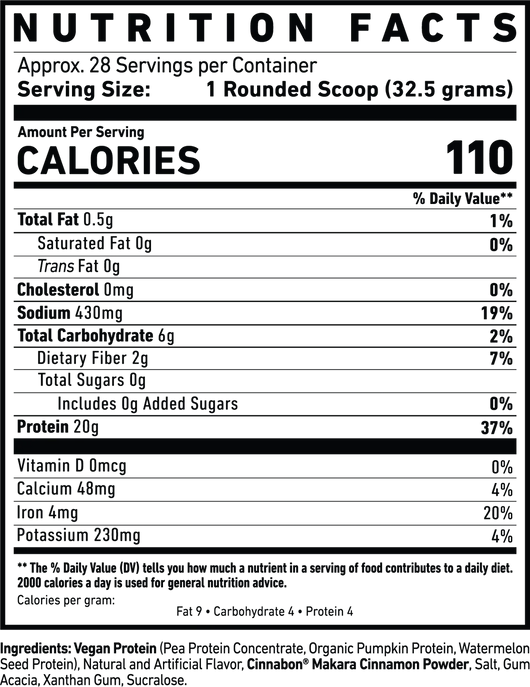 Nutrition facts label for Ghost Vegan protein powder Pancake Batter with serving size and calories listed.