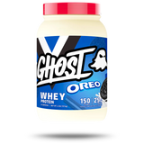 A container of GHOST Oreo Whey Protein powder, featuring the brand logo and the flavor Oreo prominently displayed on the label.