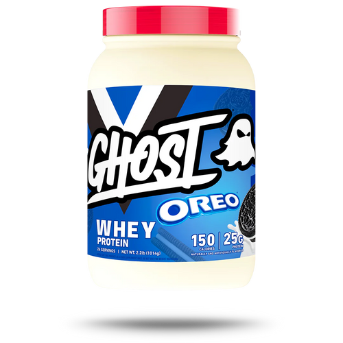 A container of GHOST Oreo Whey Protein powder, featuring the brand logo and the flavor Oreo prominently displayed on the label.