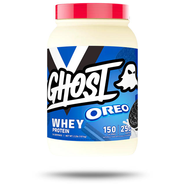 A container of GHOST Oreo Whey Protein powder, featuring the brand logo and the flavor Oreo prominently displayed on the label.