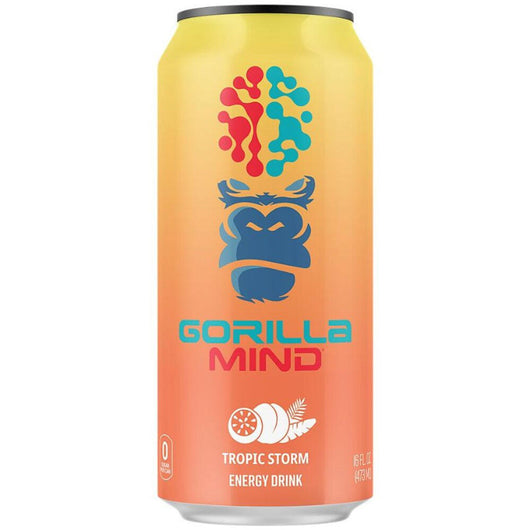 Gorilla Mind Tropic Storm energy drink can with colorful design on a white background