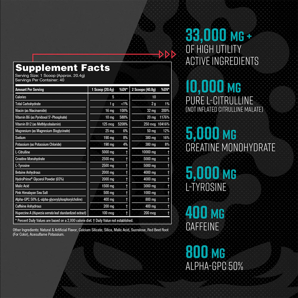 Ingredients and supplement facts panel for Gorilla Mode Nitric Stimulant Free Pre-workout by Gorilla Mind supplement 