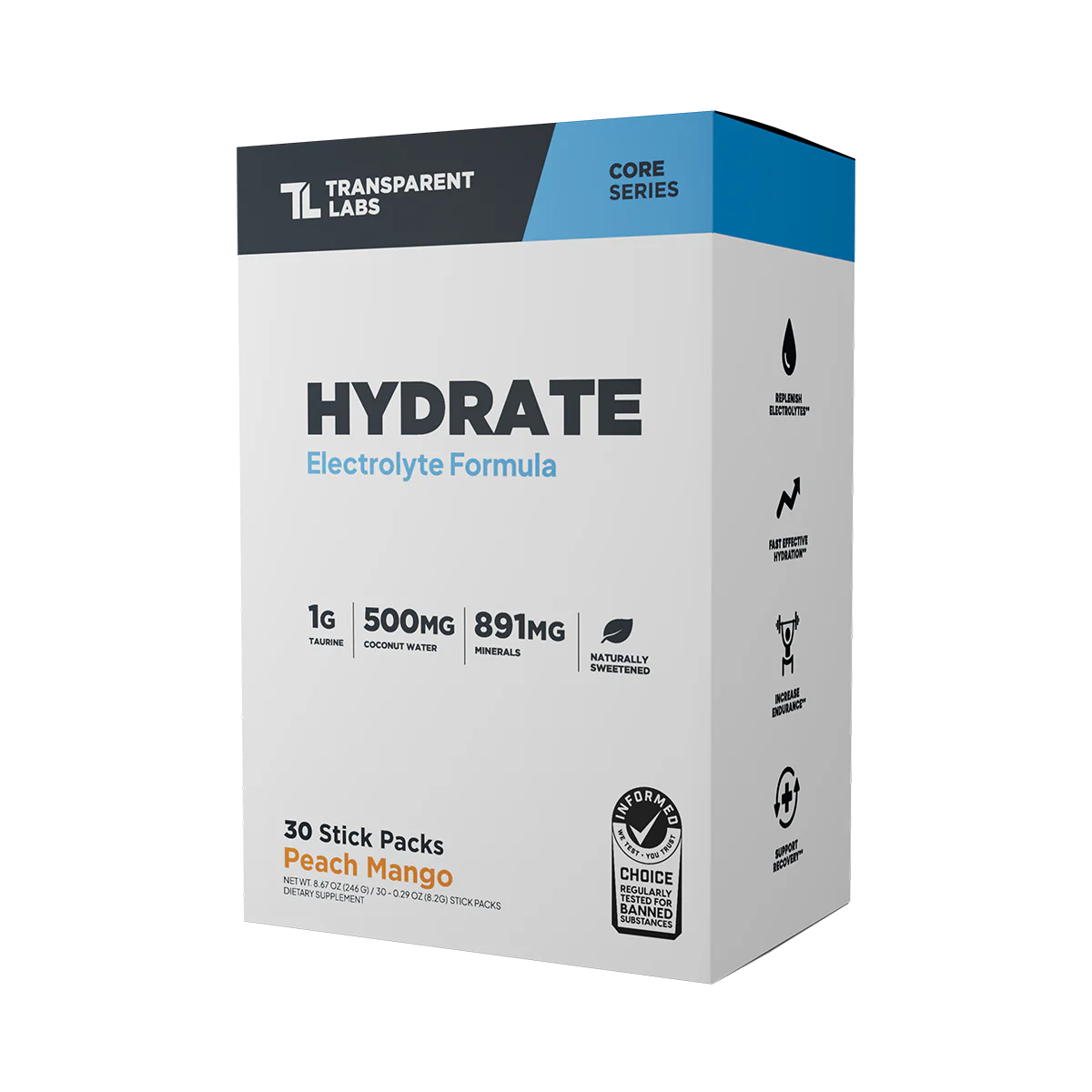 Transparent Labs Hydrate – Sugar-Free Electrolyte Powder with Coconut Water, Taurine & SenActiv for Optimal Hydration & Recovery