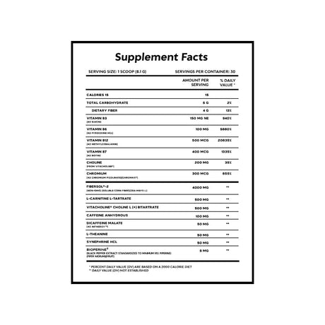 Supplement facts label with detailed nutritional information on a white background