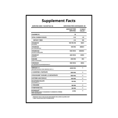 Supplement facts label with detailed nutritional information on a white background