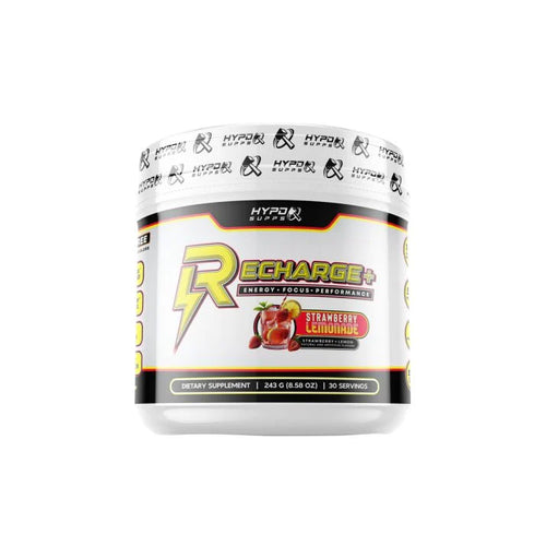 Supplement container labeled HYPD Supps 'Recharge+' with strawberry lemonade flavor on a white background.