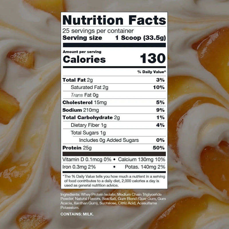 Nutrition Facts Panel or Raw BUM Itholate Protein in Peaches & Cream Flavor