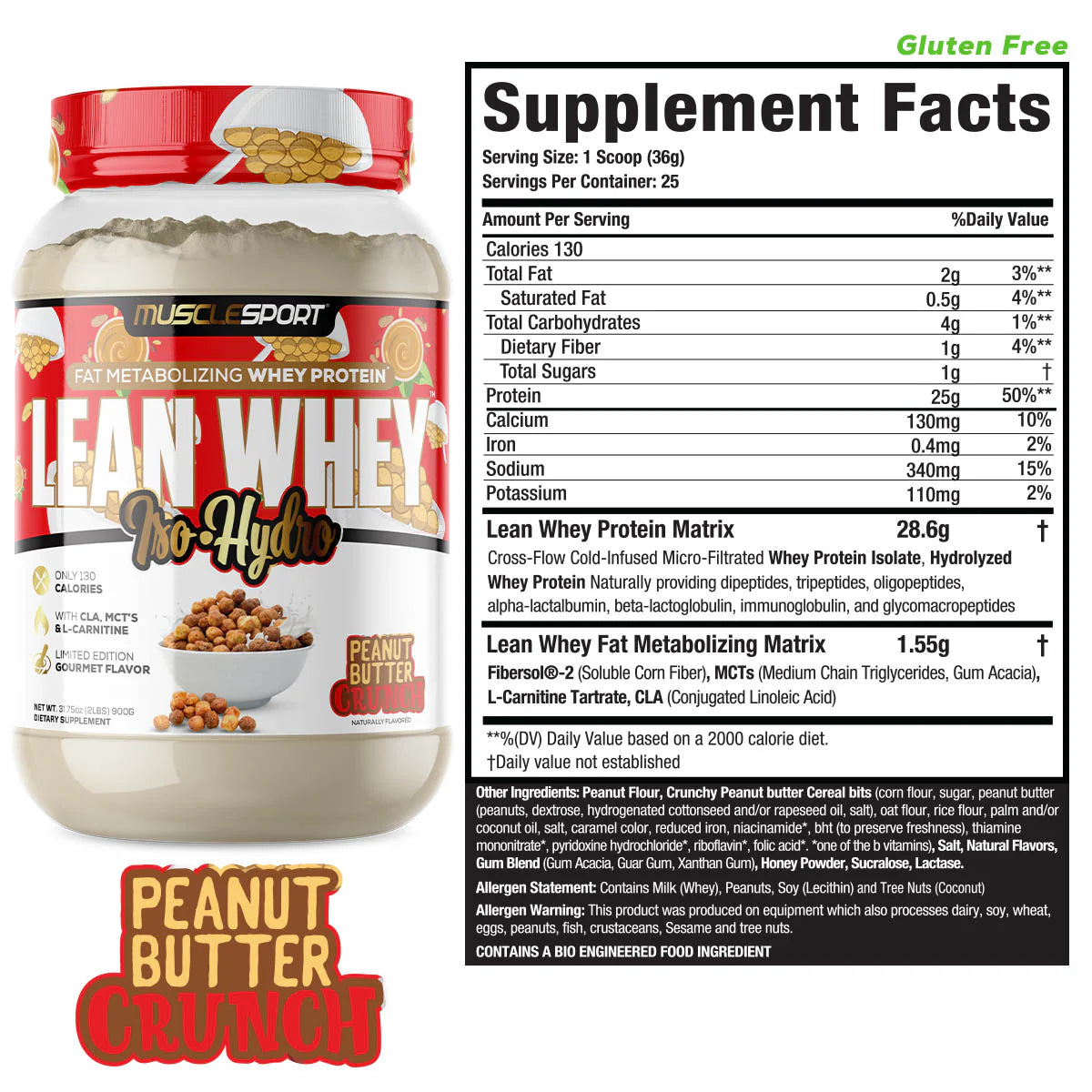 MuscleSport Lean Whey Protein Isolate supplement Peanut Butter Crunch
