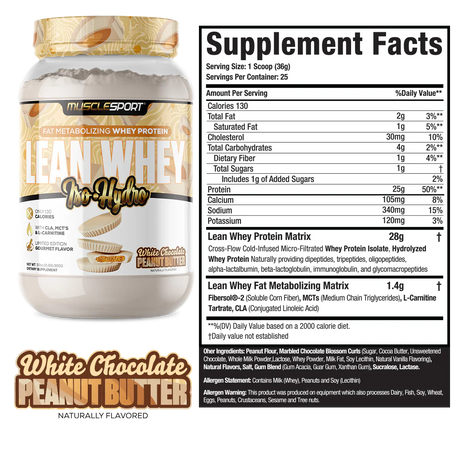 MuscleSport Lean Whey Protein Isolate protein powder container with supplement facts label in White Chocolate Peanut Butter Flavor.