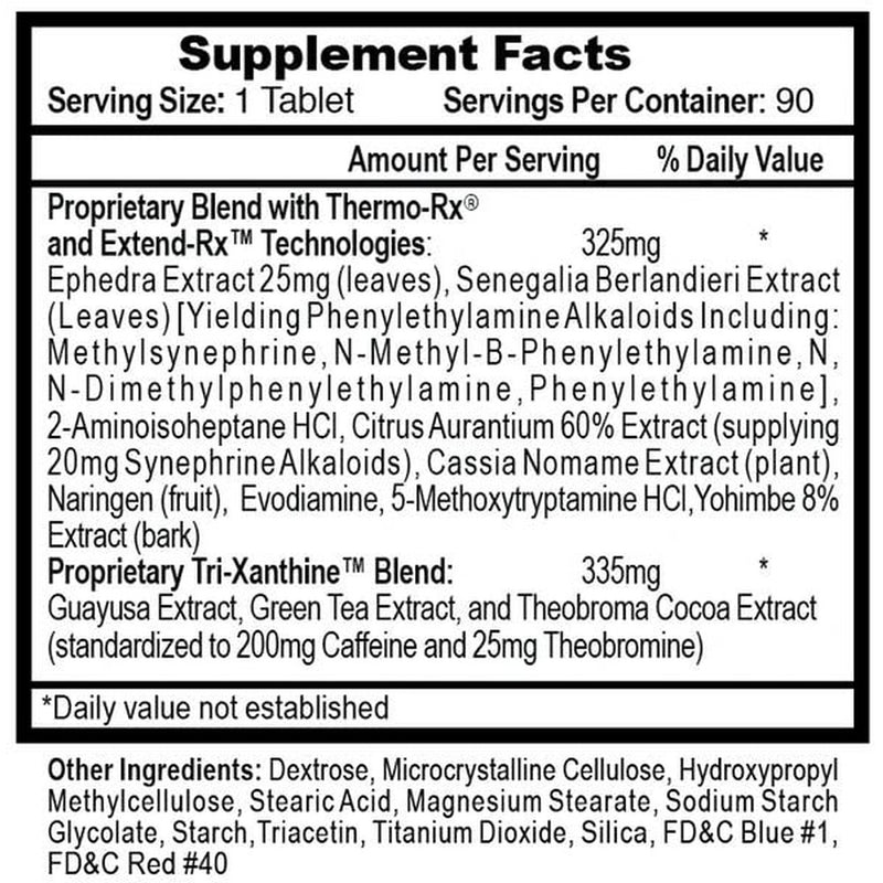 Hi-Tech Pharmaceuticals Lipodrene Hardcore, 90 Tablets Supplement Facts label