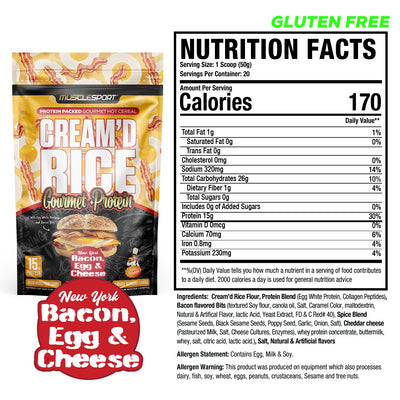 MuscleSport Cream'd Rice Gourmet + Protein Hot Cereal, New York Bacon, Egg & Cheese, 20 Servings Nutrition Facts label