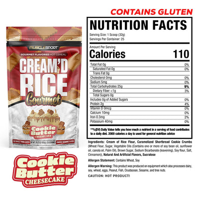 MuscleSport Cream'd Rice Gourmet Hot Cereal, 25 Servings Nutrition Facts label