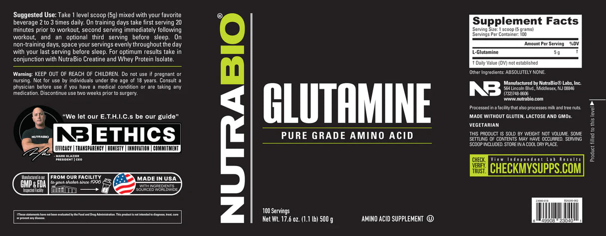 NutraBio Pure L-Glutamine Powder - L-Glutamine Supplement- Amino Acid - Pure Grade: Absolutely no Additives, Fillers or Excipients! - Muscle Recovery Supplement - (500 Grams)