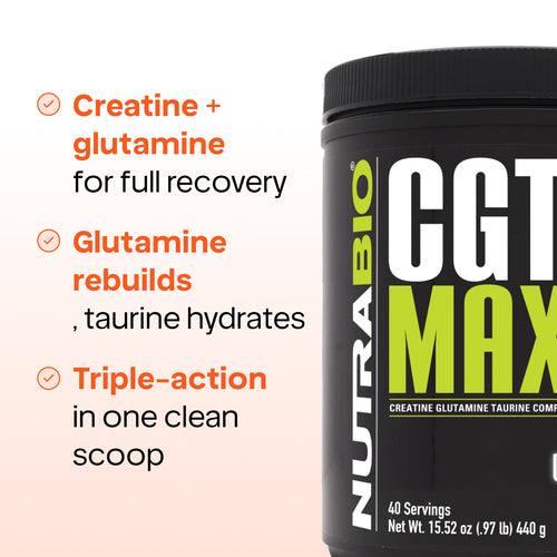 NutraBio CGT-MAX Powder- Creatine, Glutamine and Taurine to Support Muscle Recovery and Strength - 40 Servings