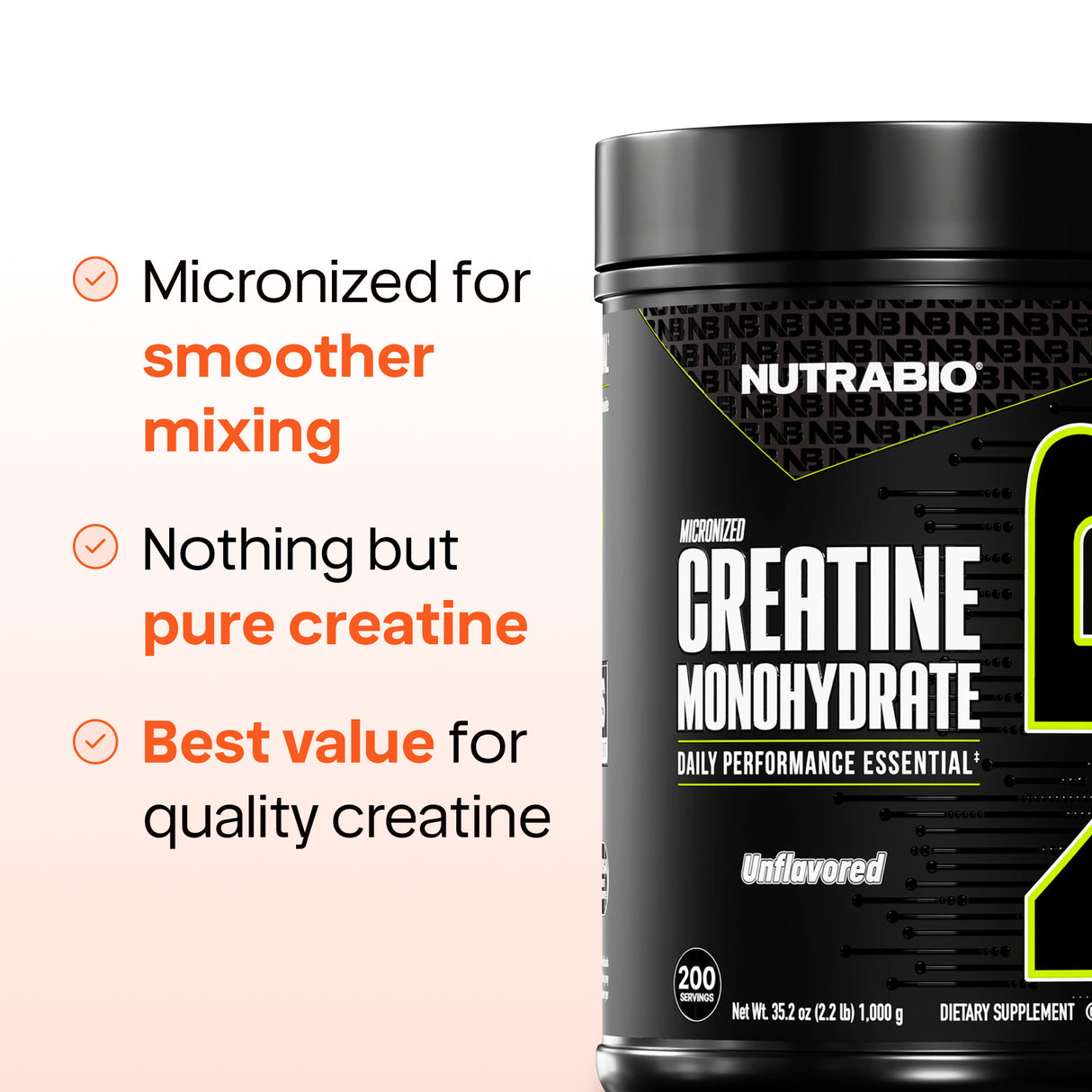 NutraBio Micronized Creatine Monohydrate — 5g Unflavored, Ultra-Pure